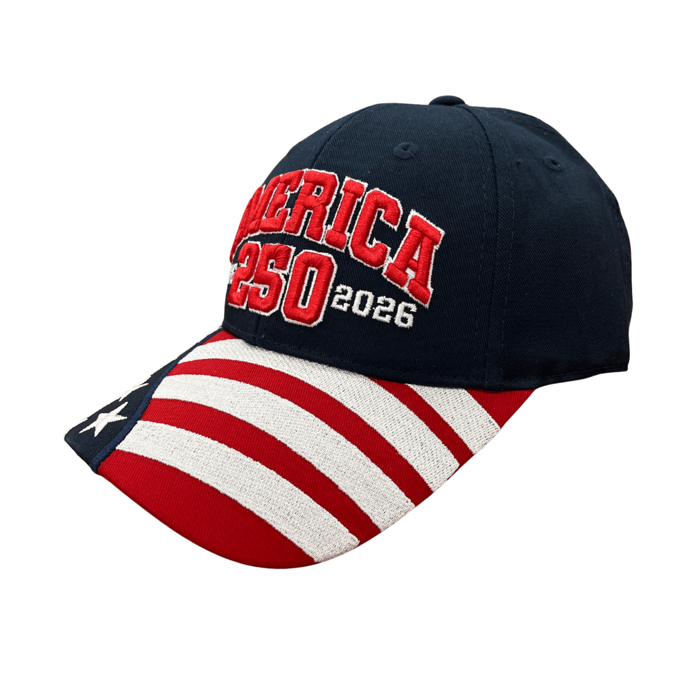 America 250th Anniversary Navy Hat with 'AMERICA 250' and American flag design, perfect for celebrating the Semiquincentennial.