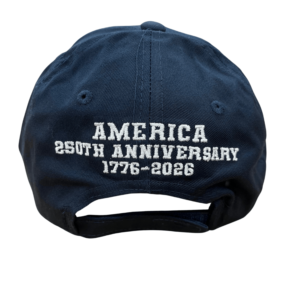 America 250th Anniversary Navy Hat with 'AMERICA 250' and American flag design, perfect for celebrating the Semiquincentennial.