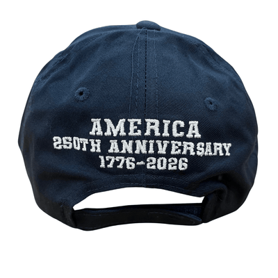 America 250th Anniversary Navy Hat with 'AMERICA 250' and American flag design, perfect for celebrating the Semiquincentennial.