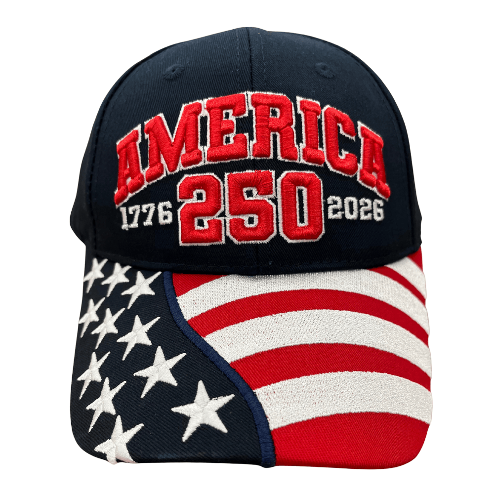 America 250th Anniversary Navy Hat with 'AMERICA 250' and American flag design, perfect for celebrating the Semiquincentennial.